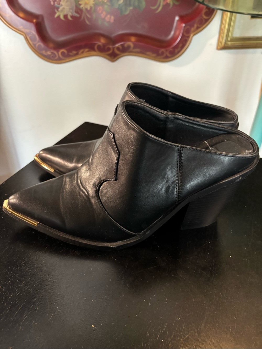 Jacqueline Ferrar Black Leather Pointed Mule Heels with Gold Toe Caps
